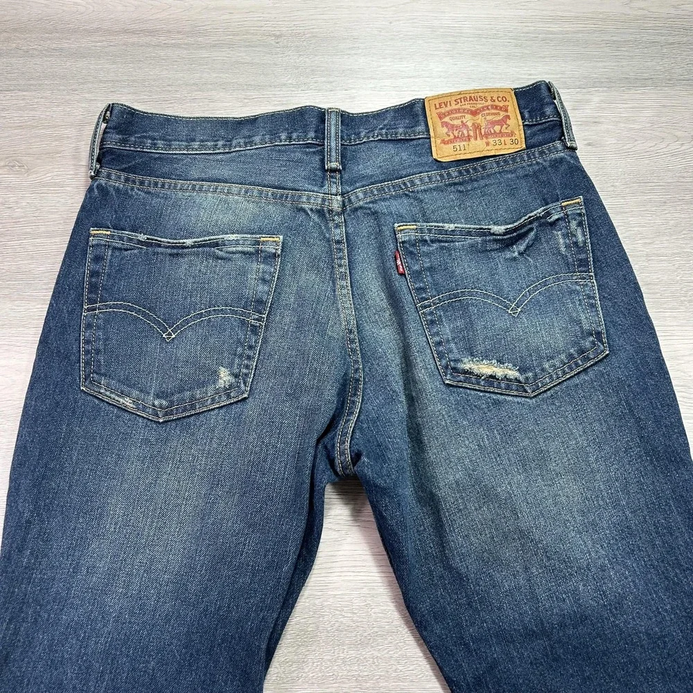 Levis 511 Jeans Mens 33x26 Blue Distressed Slim Fit‎ Denim Ripped Stretch Pants